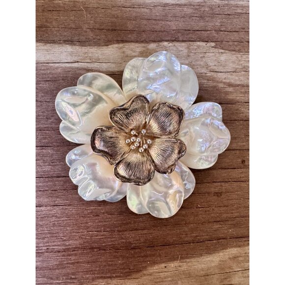 Vintage Mother Of Pearl Sterling Silver Floral Brooch With Pendant Bezel - Picture 2 of 7